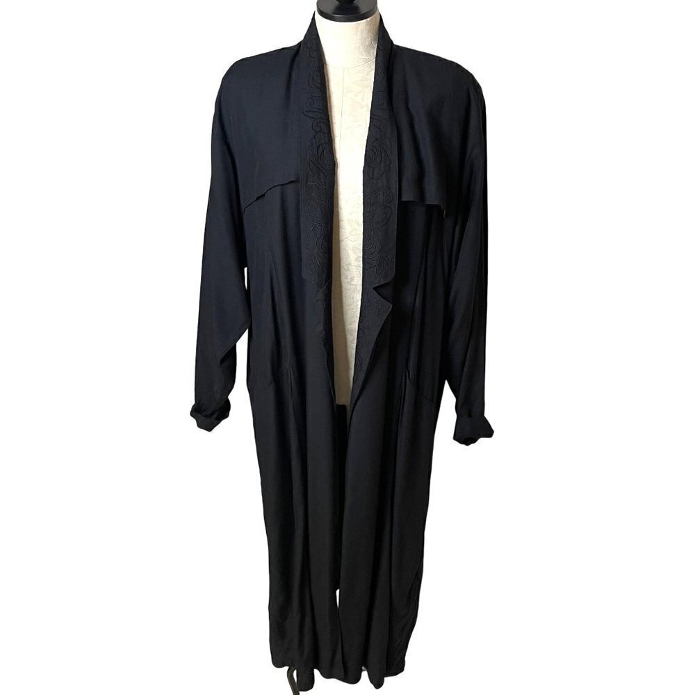 Surya Womens Duster Black Size Large Vintage Open Front Embroidered Rayon Pocket